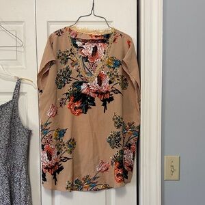 Floral V-Neck Tunic Dress in Beige with Multicolor Blooms